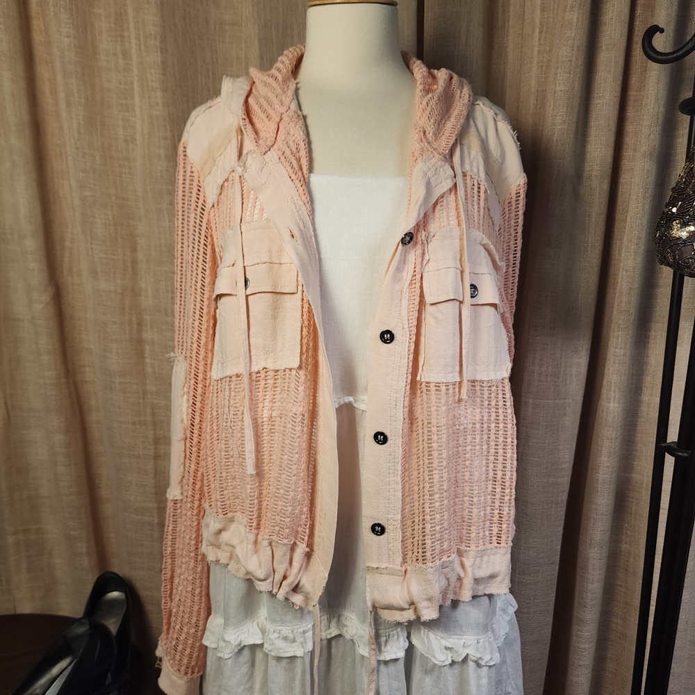 POL Blush Pink Peach Patchwork Hooded Jacket M Cotton Crochet Boho Raw Edge